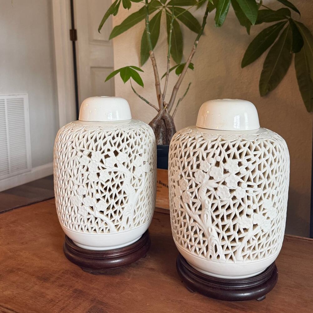 Vintage Pair of Blanc de Chine Pierced Ginger Jar/Lamps with Lids